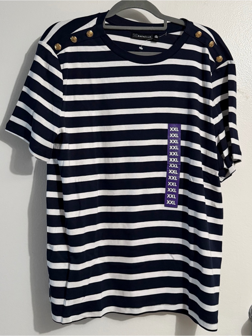Rafaella Navy & White Striped Short-Sleeve Tee with Gold Shoulder Buttons